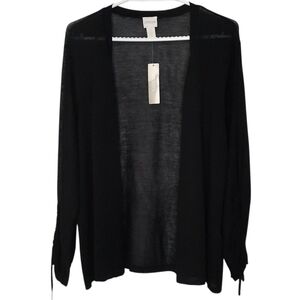Chico's Rouched Sleeve Cardigan Open Front Sweater Womens Size 3 XL Black